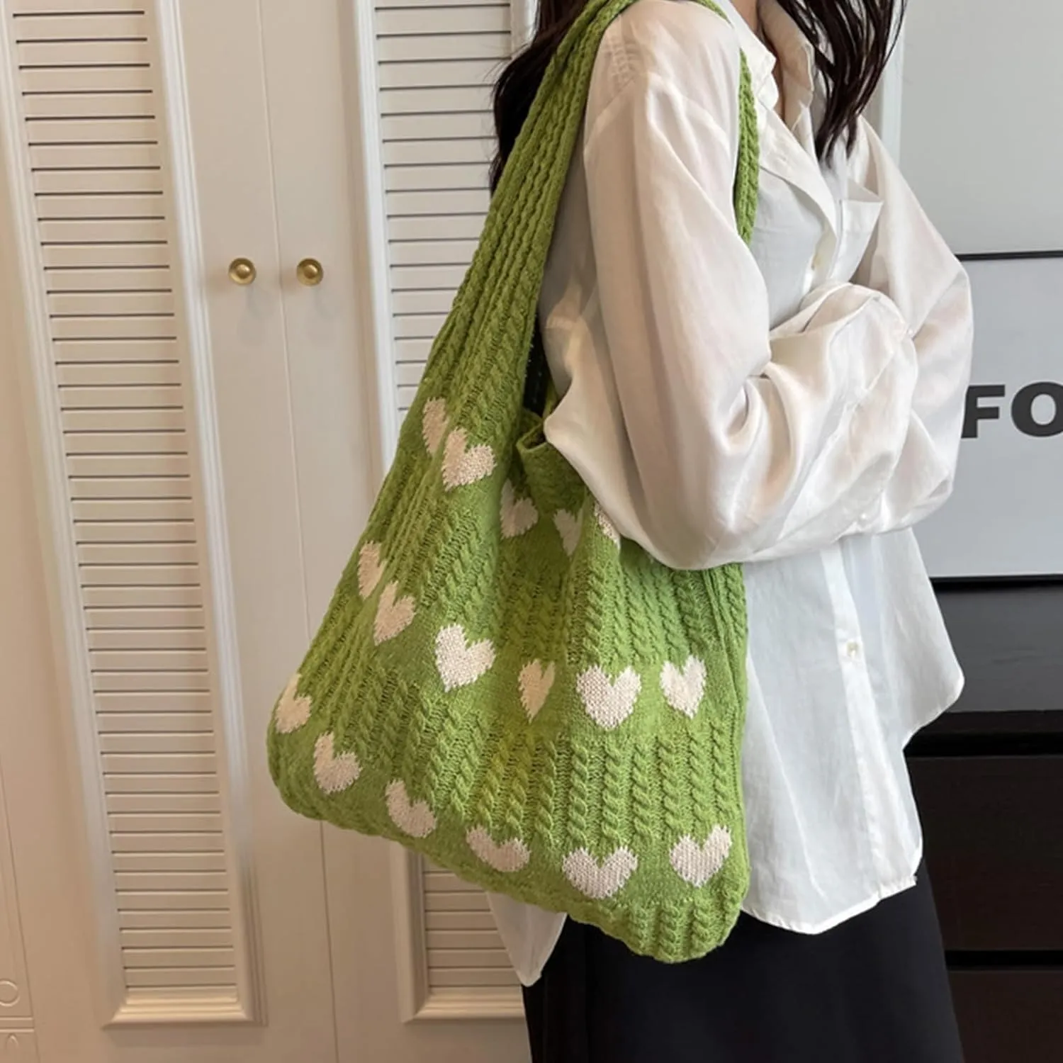INFLAG Crochet Tote Bag Cute Heart Tote Bag Y2k Aesthetic Knit Love Bags Beach Tote Bag for Women, Accessories Shoulder Bag