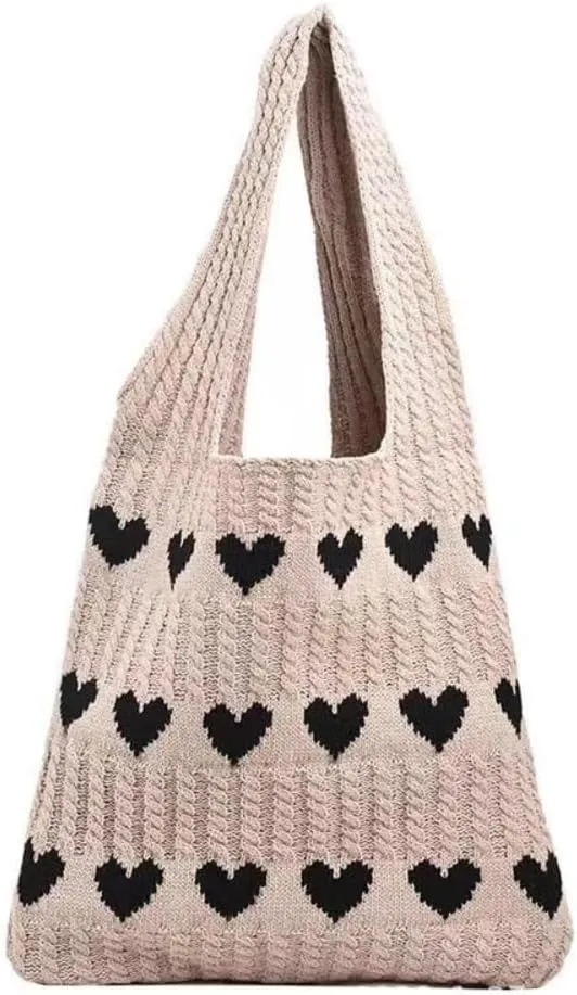 INFLAG Crochet Tote Bag Cute Heart Tote Bag Y2k Aesthetic Knit Love Bags Beach Tote Bag for Women, Accessories Shoulder Bag