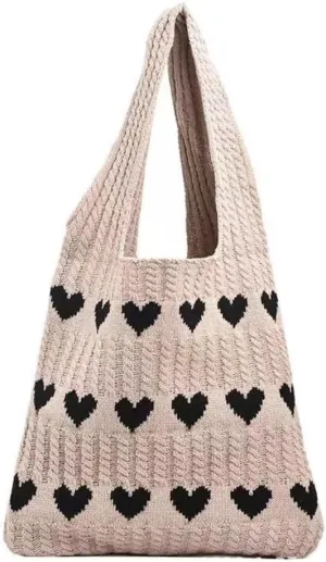 INFLAG Crochet Tote Bag Cute Heart Tote Bag Y2k Aesthetic Knit Love Bags Beach Tote Bag for Women, Accessories Shoulder Bag