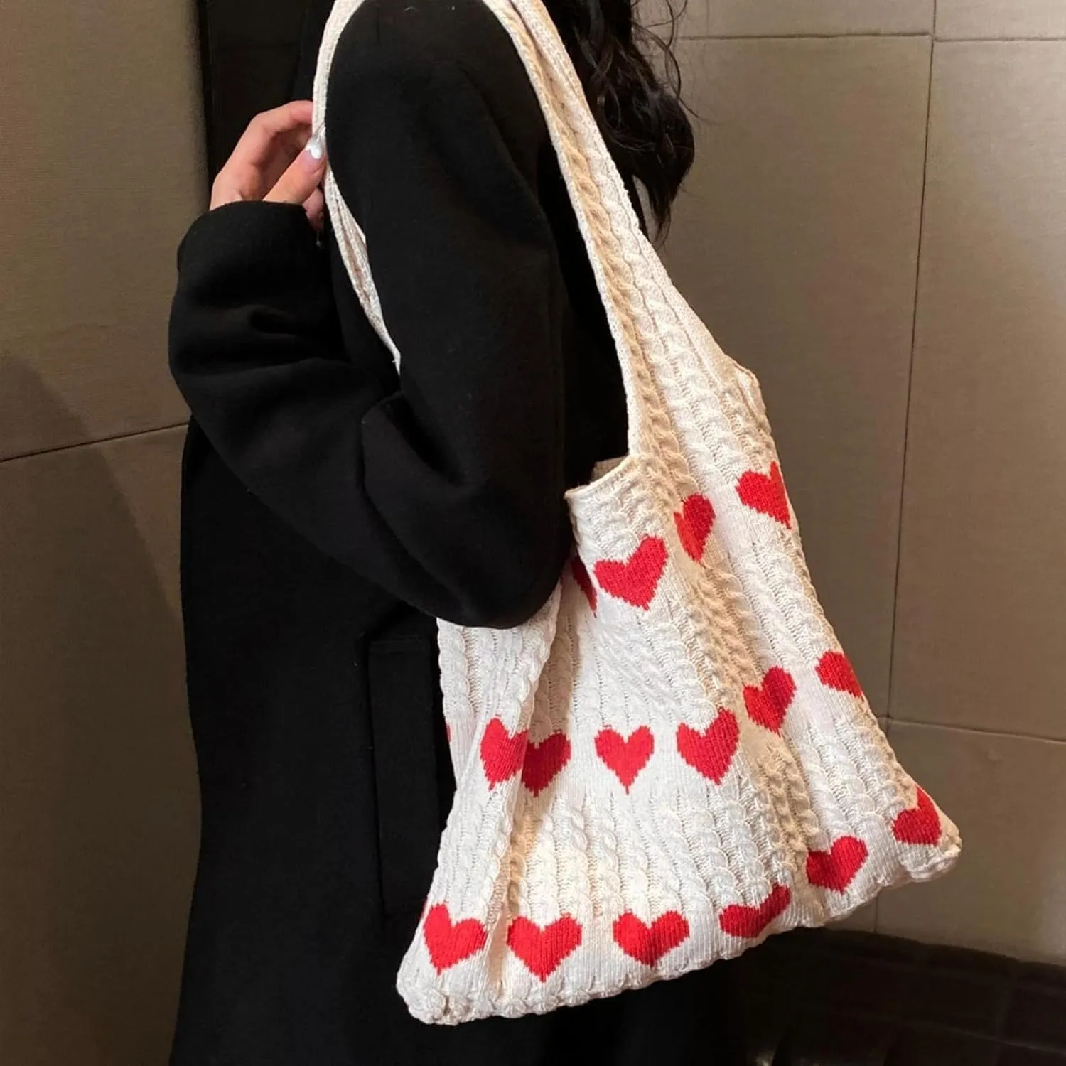 INFLAG Crochet Tote Bag Cute Heart Tote Bag Y2k Aesthetic Knit Love Bags Beach Tote Bag for Women, Accessories Shoulder Bag
