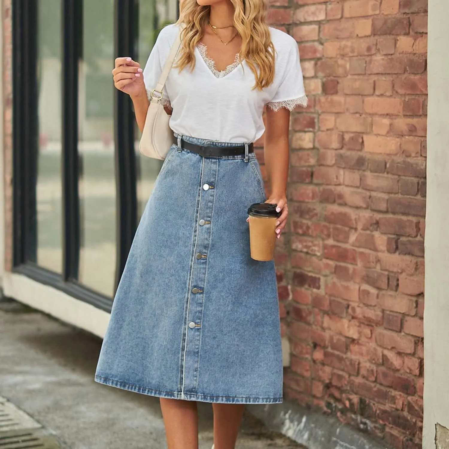 Jean Skirt for Women 2024 Fashion Stretchy A-Line Loose Long Skirt Teen Girls Cute High Waisted Jean Skirt with Pocket