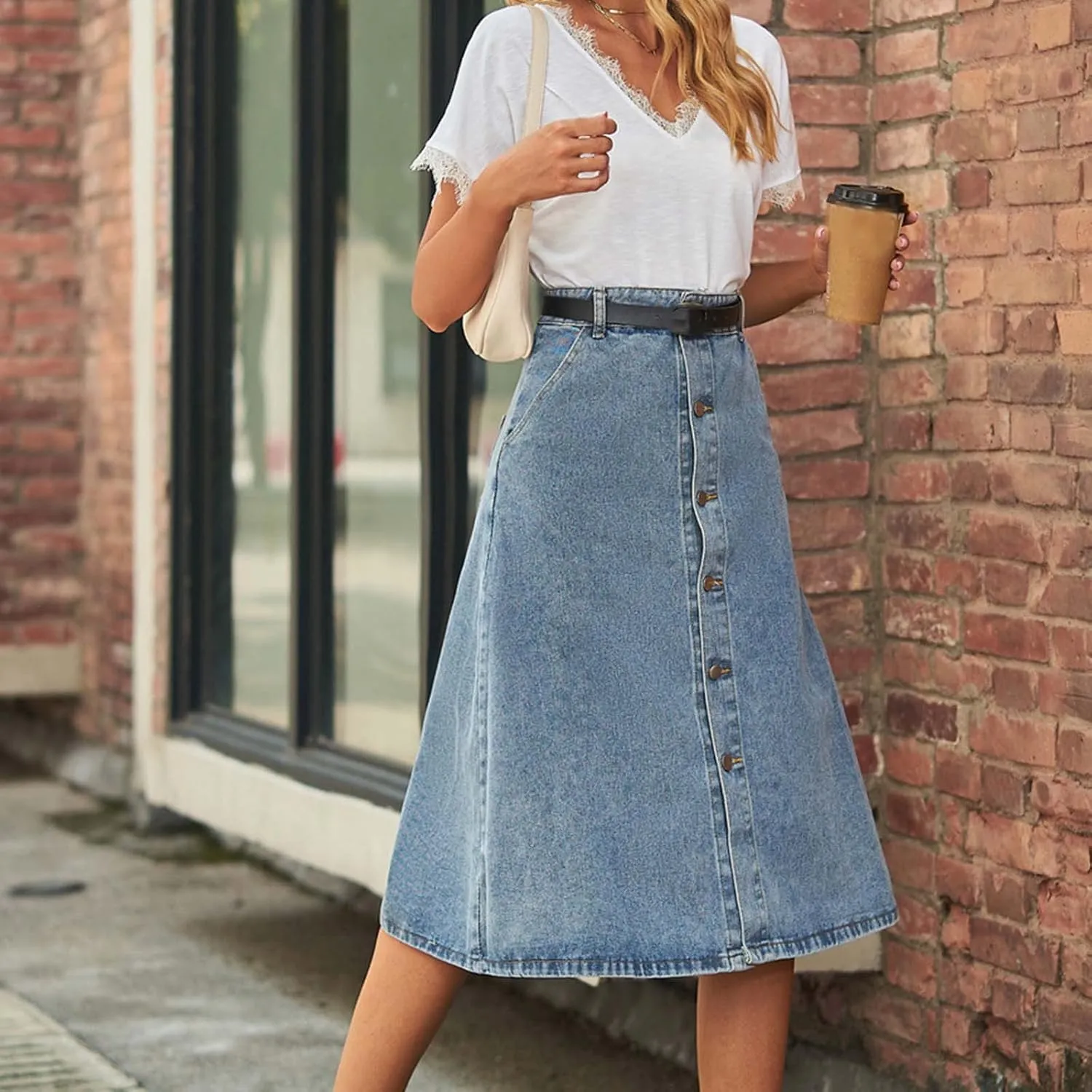 Jean Skirt for Women 2024 Fashion Stretchy A-Line Loose Long Skirt Teen Girls Cute High Waisted Jean Skirt with Pocket