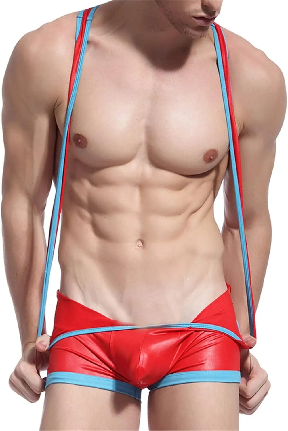 JEShifangjiusu Men Leather Wrestling Singlet Suspender Jockstrap Bodysuit Thong One-Piece Printing Leotard Brief Underwear