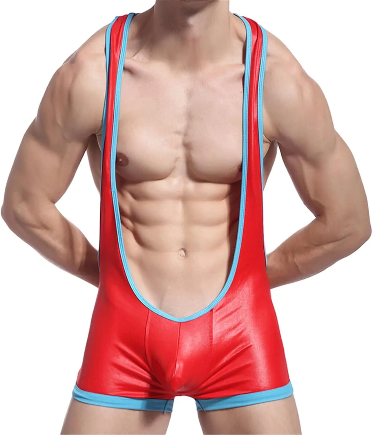 JEShifangjiusu Men Leather Wrestling Singlet Suspender Jockstrap Bodysuit Thong One-Piece Printing Leotard Brief Underwear