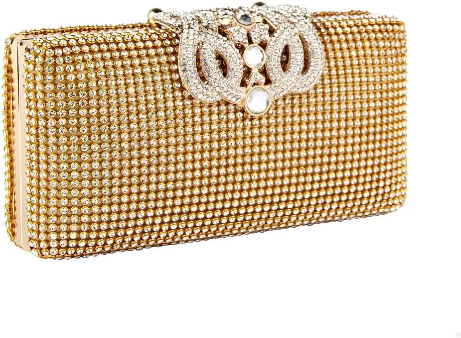JIAN YA NA Diamante Crystal Diamond Evening Bag Unique Clasp Clutch Purse Party Bridal Prom (Gold-Crown)