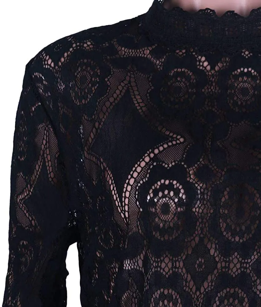 Joy Sophisticated Boutique Flower Crochet Lace Detail Black Blouse