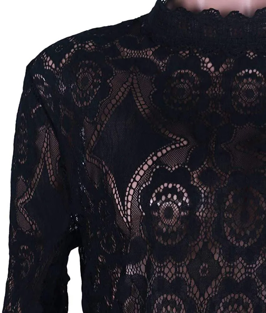 Joy Sophisticated Boutique Flower Crochet Lace Detail Black Blouse