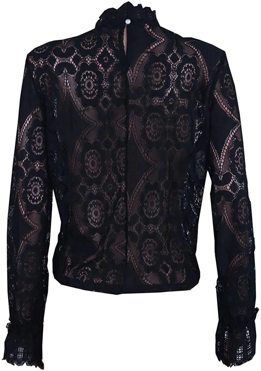 Joy Sophisticated Boutique Flower Crochet Lace Detail Black Blouse