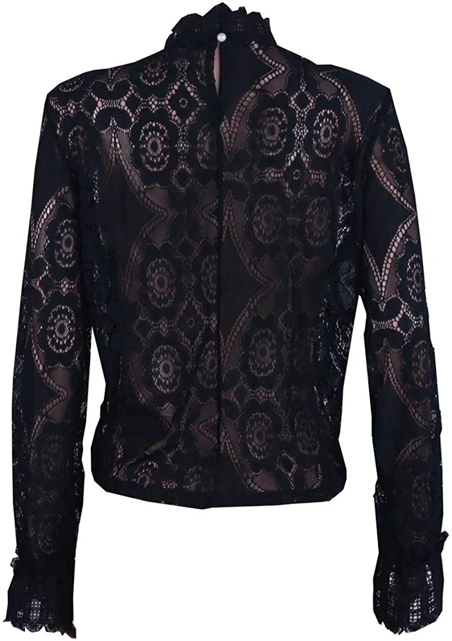 Joy Sophisticated Boutique Flower Crochet Lace Detail Black Blouse