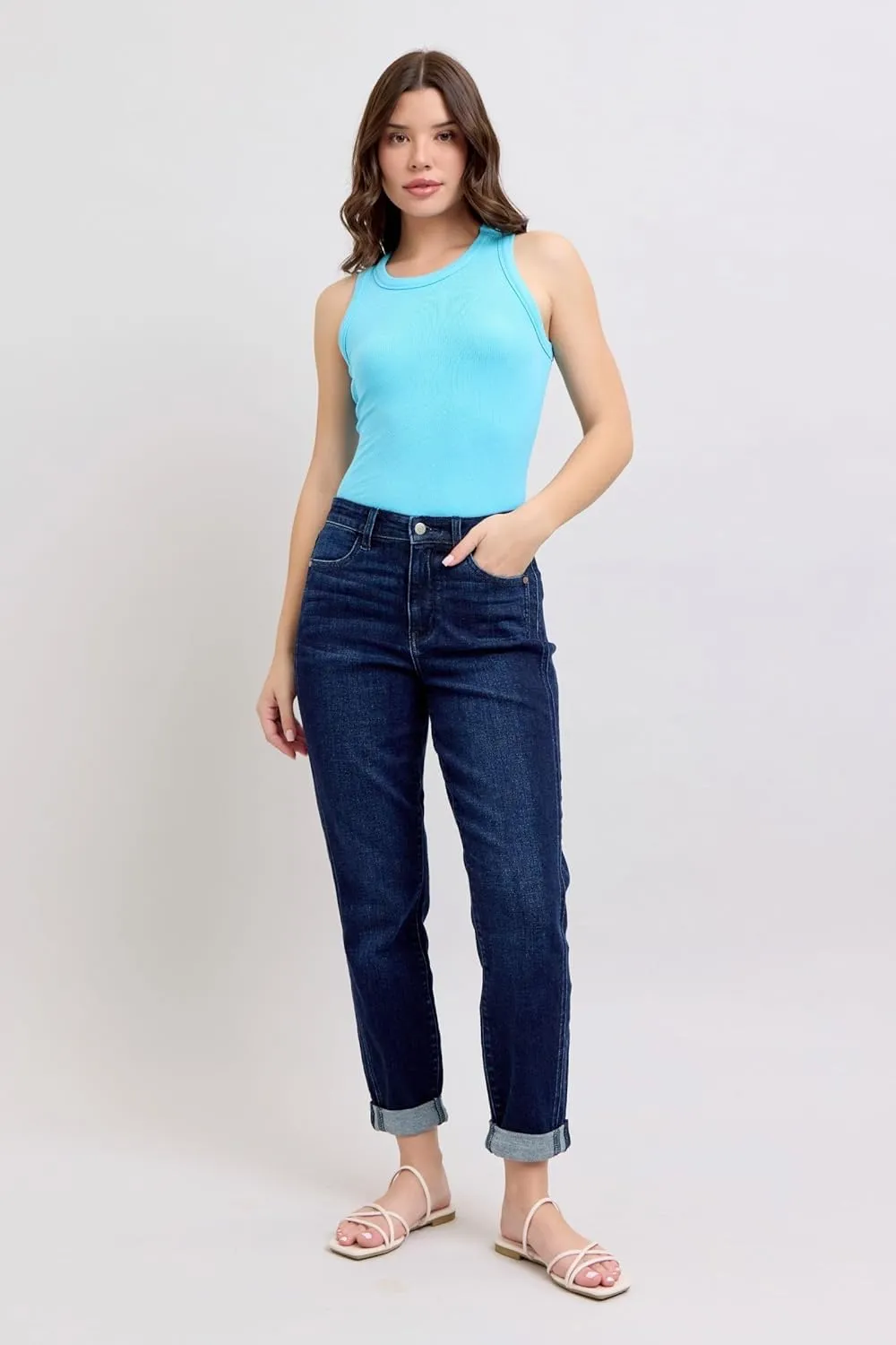 Judy Blue High Waist Boyfriend Jeans for Women | Stretchy Relaxed Fit Denim | Cuffed & Uncuffed Options  82646