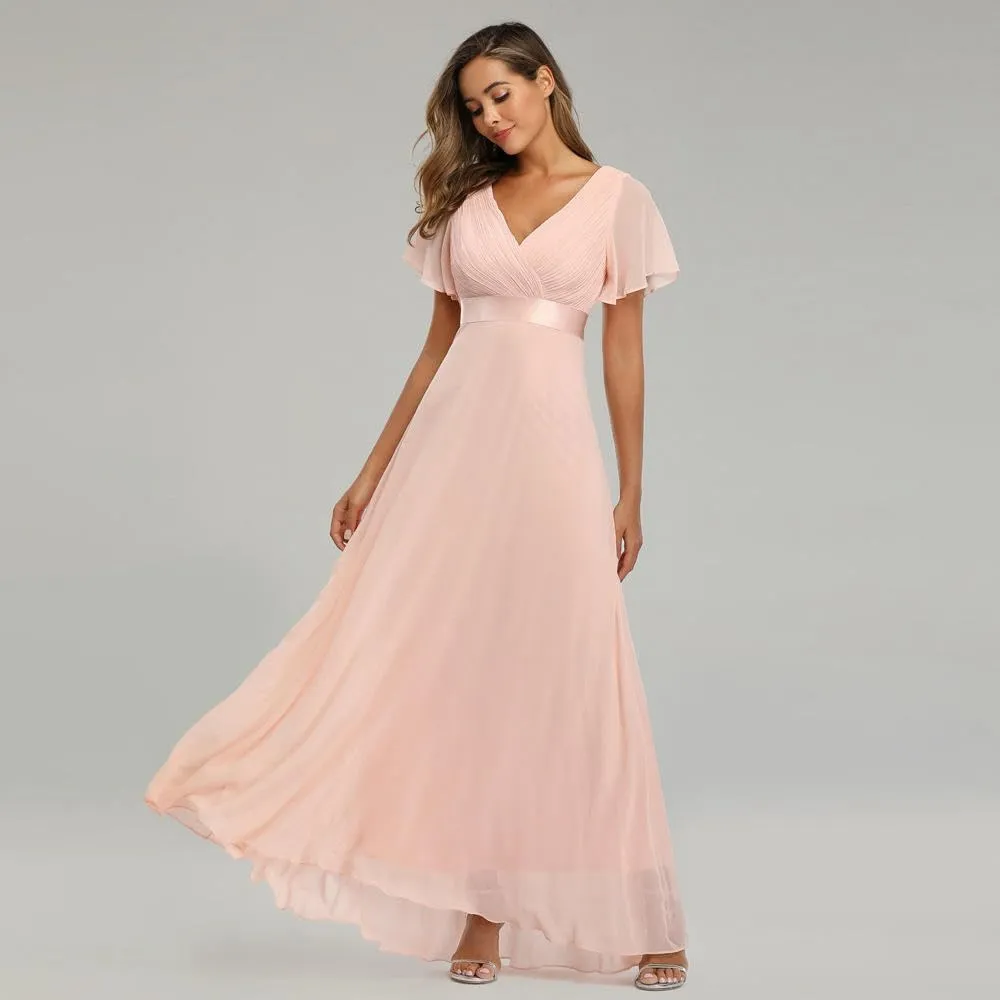 JYHBHMZG Women's Spring Summer Swing Double V-Neck Flare Sleeve Chiffon Evening Party Gown for Formal Wedding Prom