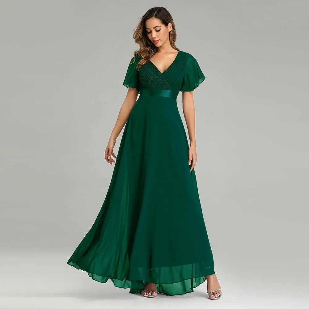 JYHBHMZG Women's Spring Summer Swing Double V-Neck Flare Sleeve Chiffon Evening Party Gown for Formal Wedding Prom