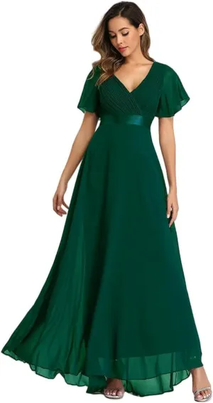 JYHBHMZG Women's Spring Summer Swing Double V-Neck Flare Sleeve Chiffon Evening Party Gown for Formal Wedding Prom