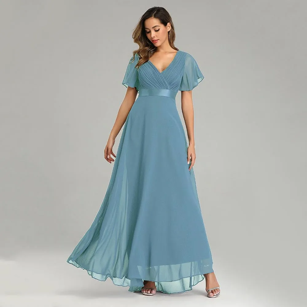 JYHBHMZG Women's Spring Summer Swing Double V-Neck Flare Sleeve Chiffon Evening Party Gown for Formal Wedding Prom