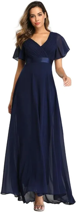 JYHBHMZG Women's Spring Summer Swing Double V-Neck Flare Sleeve Chiffon Evening Party Gown for Formal Wedding Prom