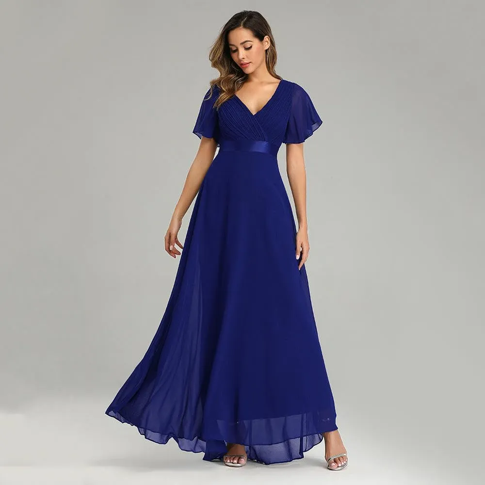 JYHBHMZG Women's Spring Summer Swing Double V-Neck Flare Sleeve Chiffon Evening Party Gown for Formal Wedding Prom