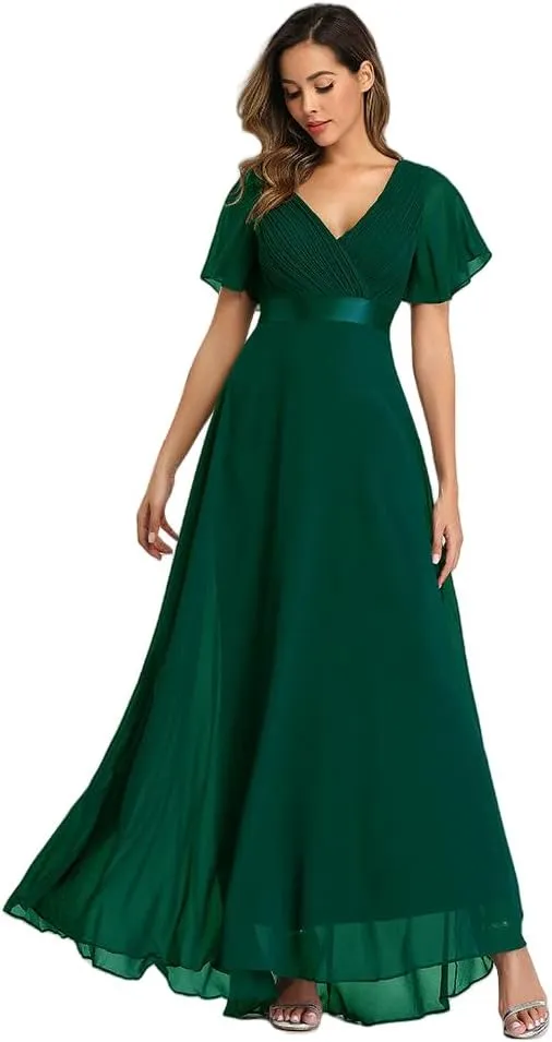 JYHBHMZG Women's Spring Summer Swing Double V-Neck Flare Sleeve Chiffon Evening Party Gown for Formal Wedding Prom