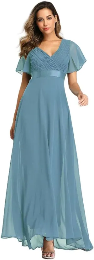 JYHBHMZG Women's Spring Summer Swing Double V-Neck Flare Sleeve Chiffon Evening Party Gown for Formal Wedding Prom