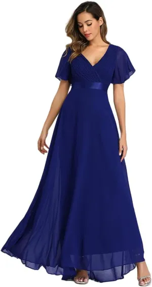JYHBHMZG Women's Spring Summer Swing Double V-Neck Flare Sleeve Chiffon Evening Party Gown for Formal Wedding Prom