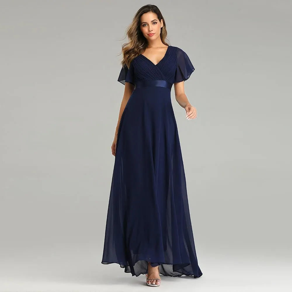 JYHBHMZG Women's Spring Summer Swing Double V-Neck Flare Sleeve Chiffon Evening Party Gown for Formal Wedding Prom