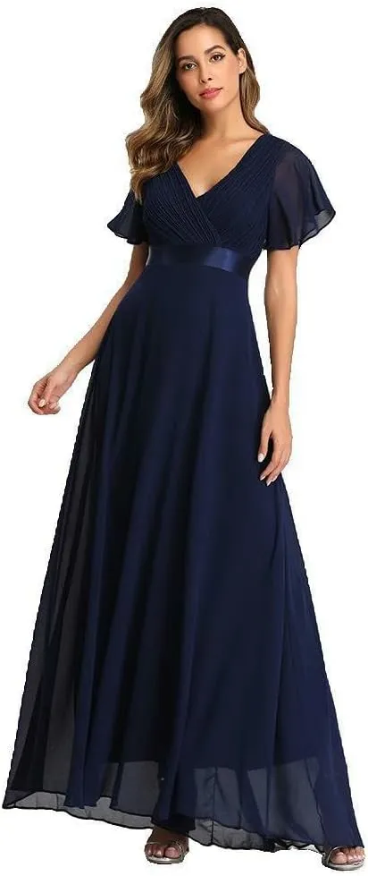 JYHBHMZG Women's Spring Summer Swing Double V-Neck Flare Sleeve Chiffon Evening Party Gown for Formal Wedding Prom