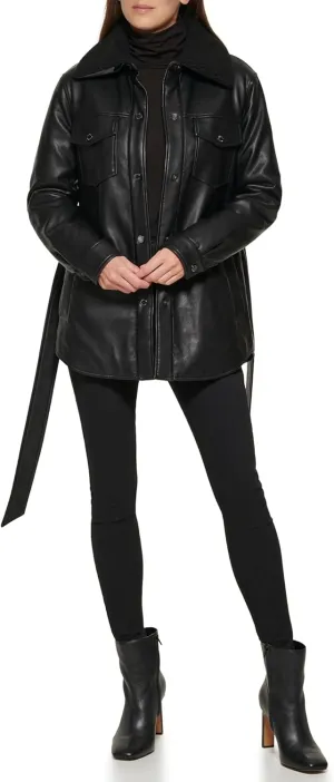 Kenneth Cole Women's Modern Updated Shacket Belted Trench Faux-Leather