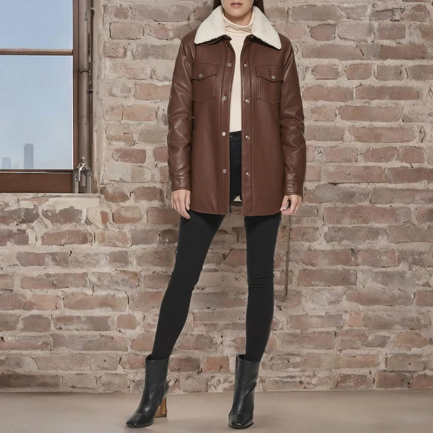Kenneth Cole Women's Modern Updated Shacket Belted Trench Faux-Leather