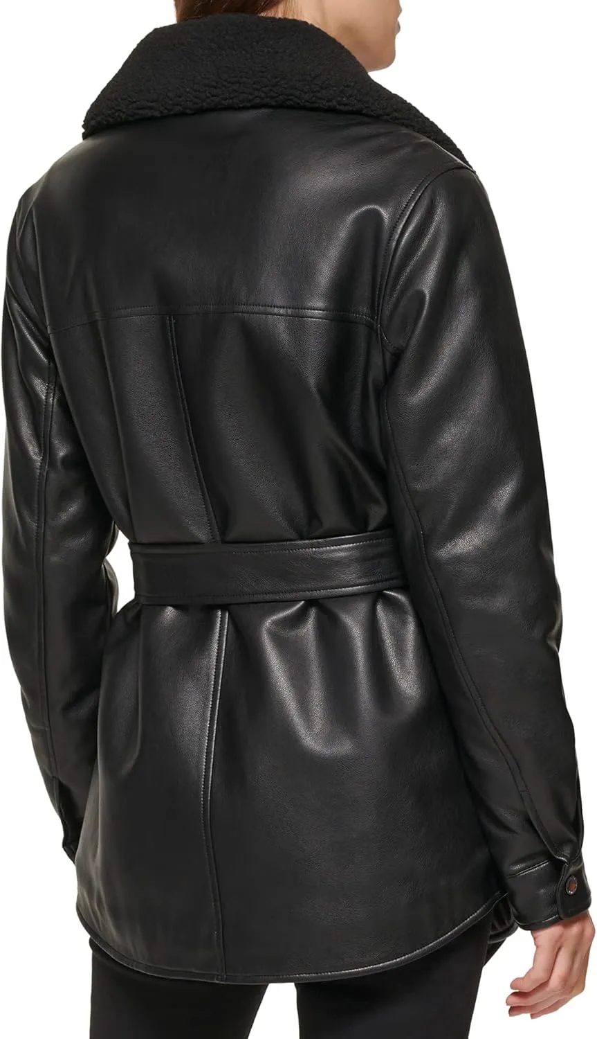 Kenneth Cole Women's Modern Updated Shacket Belted Trench Faux-Leather