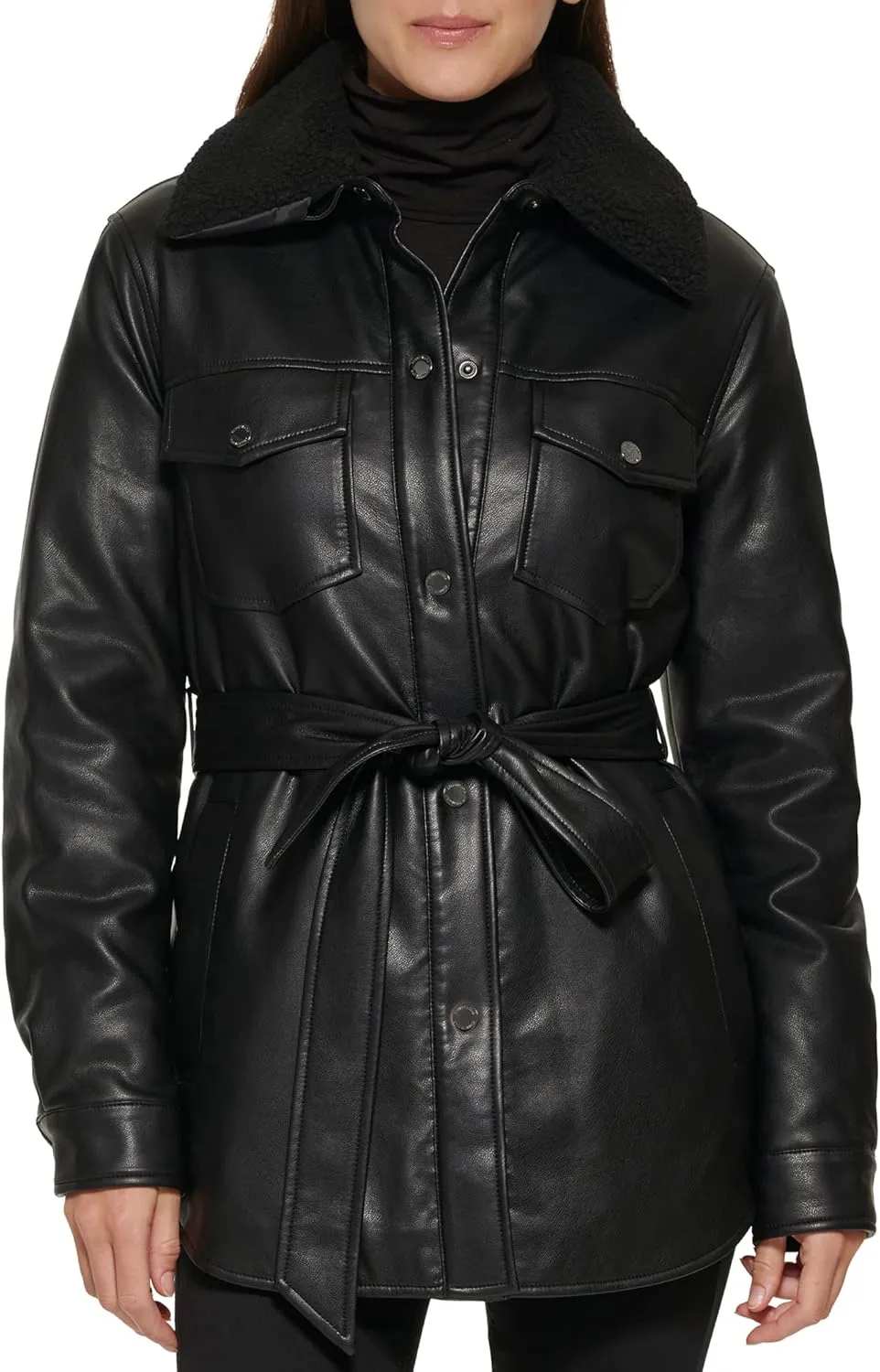 Kenneth Cole Women's Modern Updated Shacket Belted Trench Faux-Leather