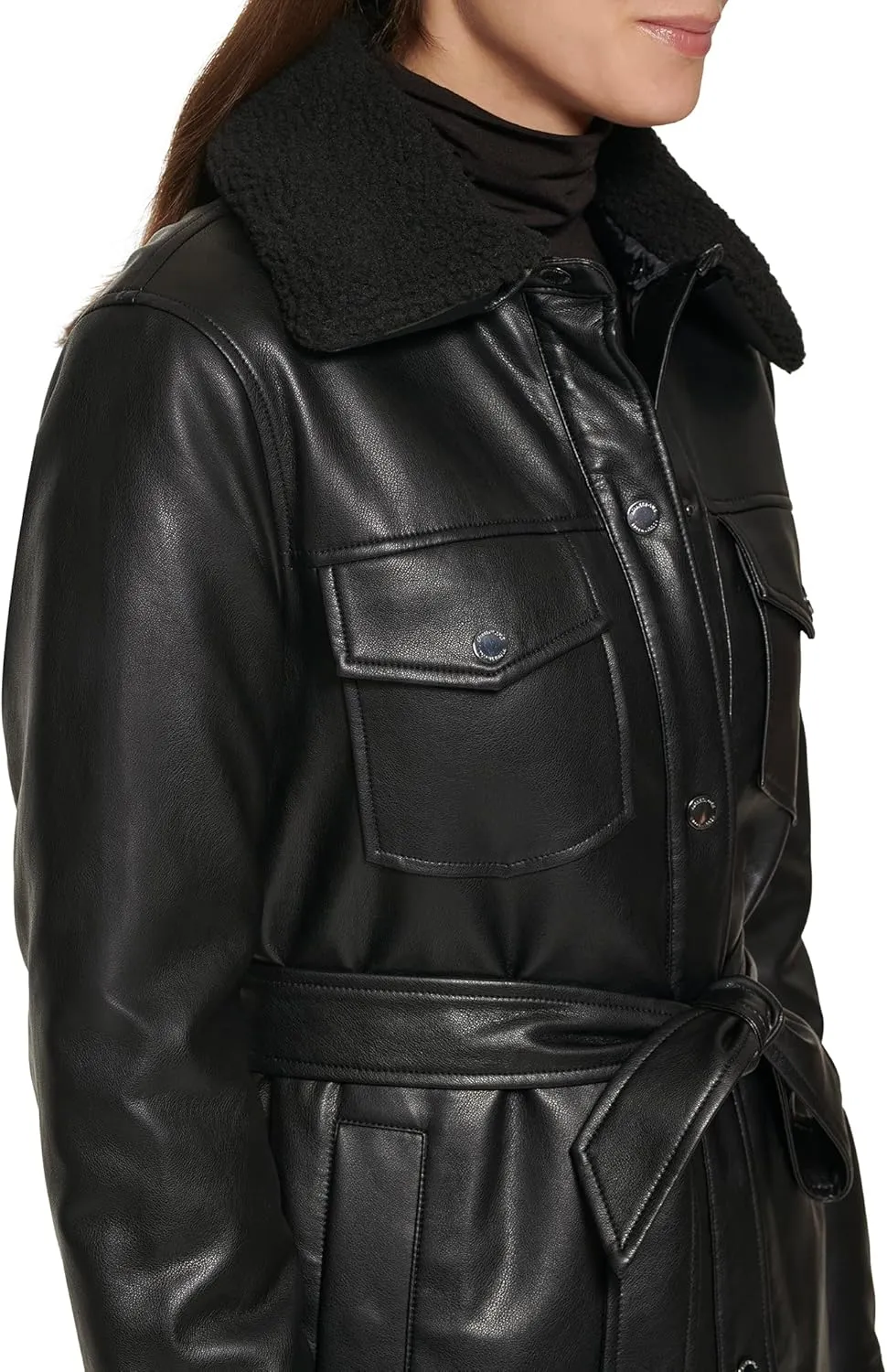 Kenneth Cole Women's Modern Updated Shacket Belted Trench Faux-Leather