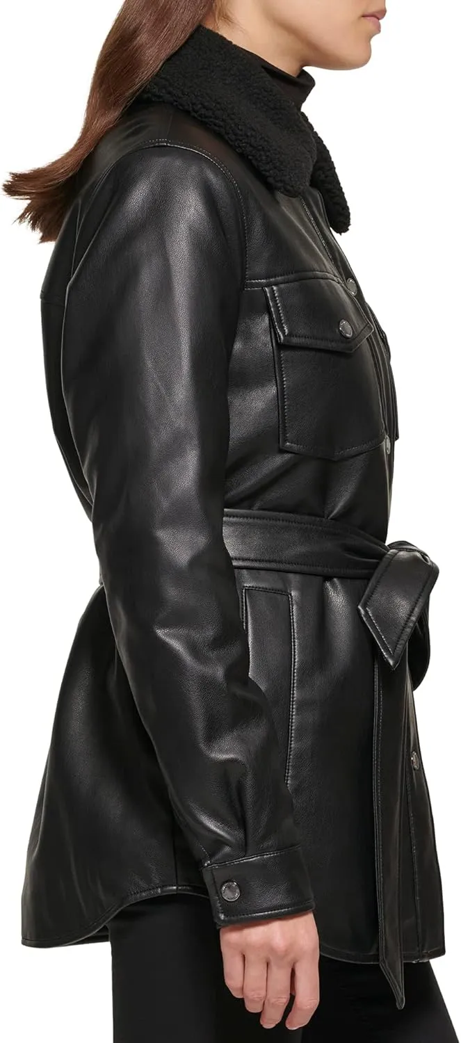 Kenneth Cole Women's Modern Updated Shacket Belted Trench Faux-Leather