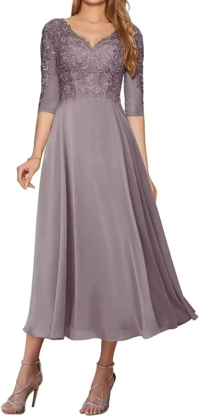 Lace Appliques Mother of The Bride Dresses for Wedding Tea Length Dresses for Women Chiffon Wedding Gown