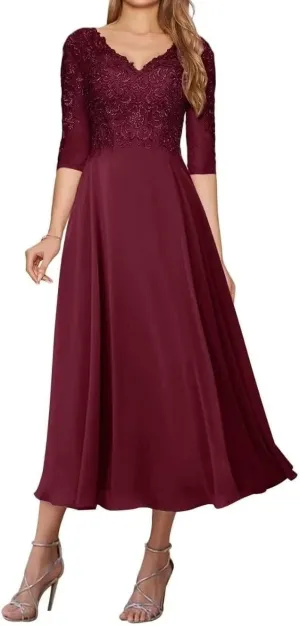 Lace Appliques Mother of The Bride Dresses for Wedding Tea Length Dresses for Women Chiffon Wedding Gown