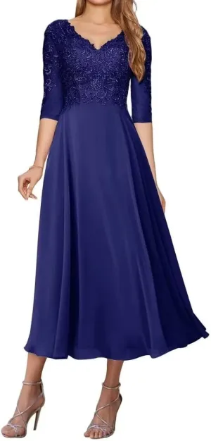 Lace Appliques Mother of The Bride Dresses for Wedding Tea Length Dresses for Women Chiffon Wedding Gown