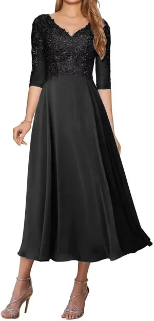 Lace Appliques Mother of The Bride Dresses for Wedding Tea Length Dresses for Women Chiffon Wedding Gown