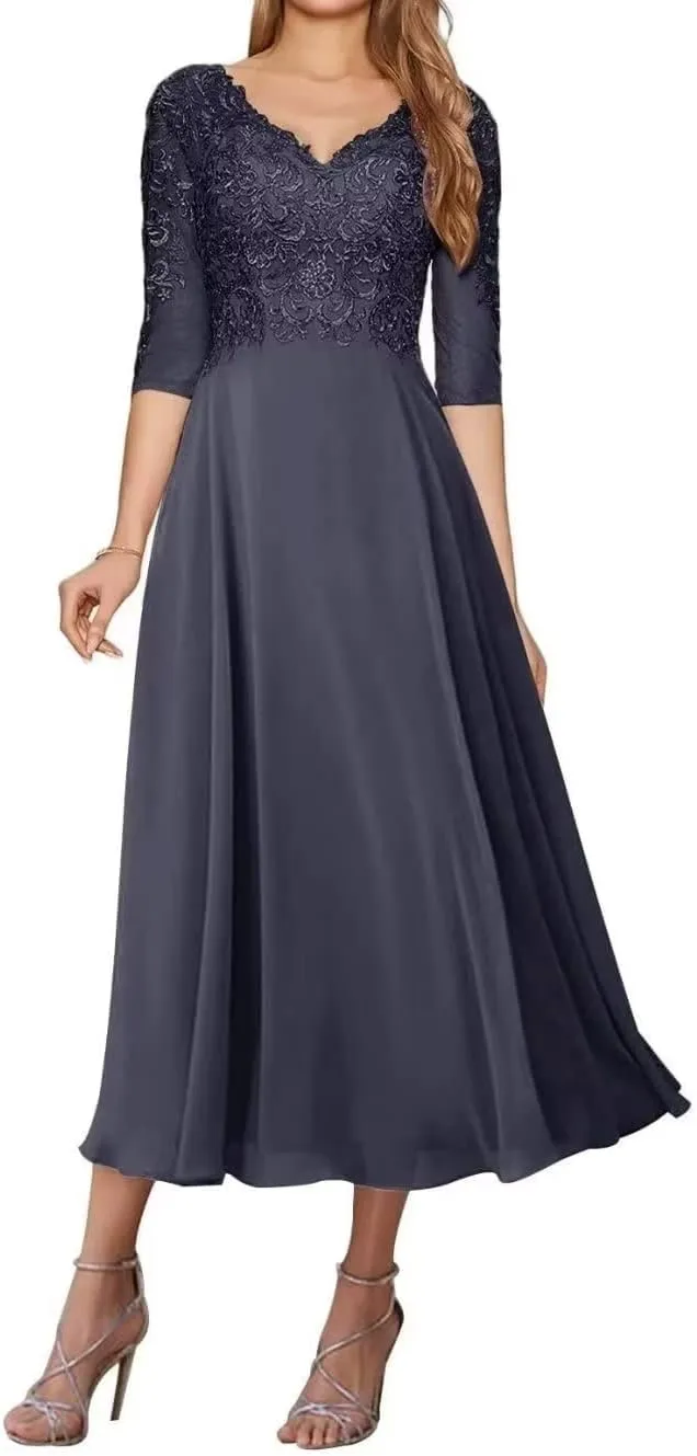 Lace Appliques Mother of The Bride Dresses for Wedding Tea Length Dresses for Women Chiffon Wedding Gown