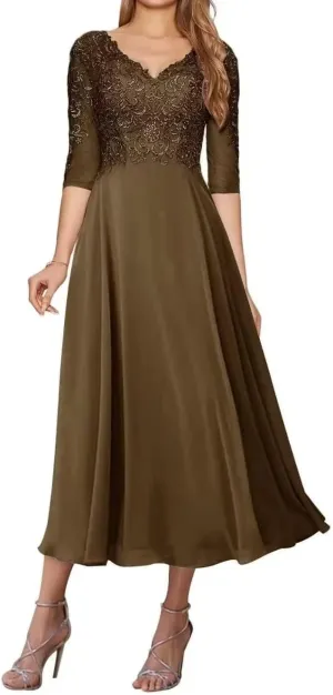 Lace Appliques Mother of The Bride Dresses for Wedding Tea Length Dresses for Women Chiffon Wedding Gown