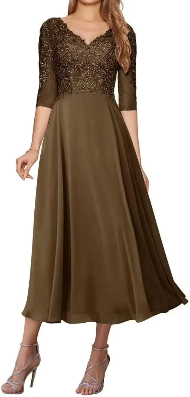 Lace Appliques Mother of The Bride Dresses for Wedding Tea Length Dresses for Women Chiffon Wedding Gown