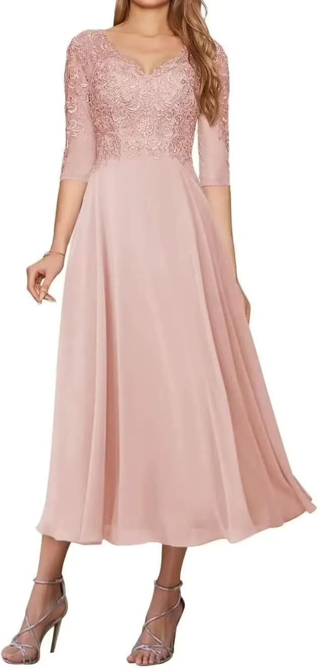 Lace Appliques Mother of The Bride Dresses for Wedding Tea Length Dresses for Women Chiffon Wedding Gown