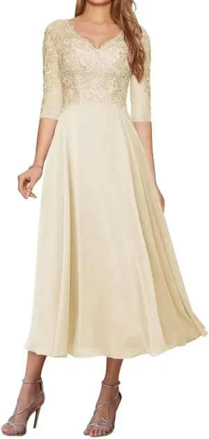 Lace Appliques Mother of The Bride Dresses for Wedding Tea Length Dresses for Women Chiffon Wedding Gown