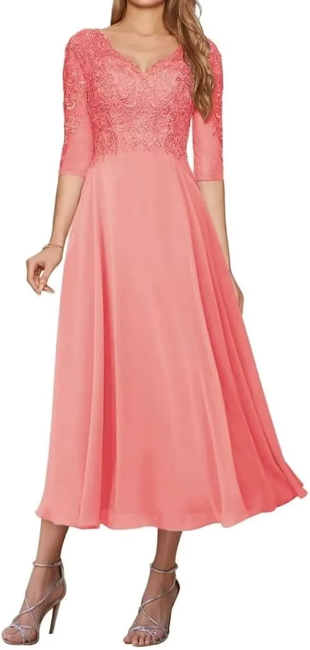 Lace Appliques Mother of The Bride Dresses for Wedding Tea Length Dresses for Women Chiffon Wedding Gown