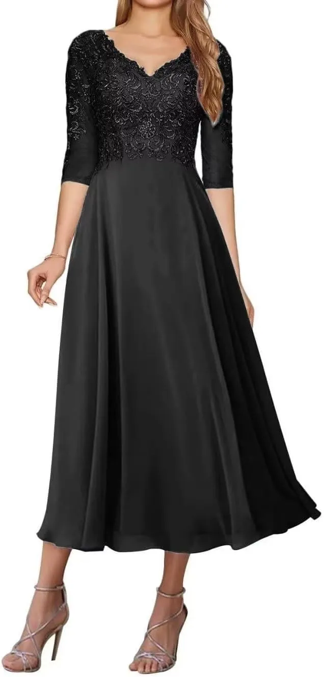 Lace Appliques Mother of The Bride Dresses for Wedding Tea Length Dresses for Women Chiffon Wedding Gown