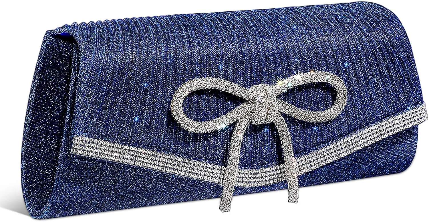 LIFKOME Evening Bag Dark Blue Rhinestone Clutch Bow Versatile for Parties Formal Events and Weddings