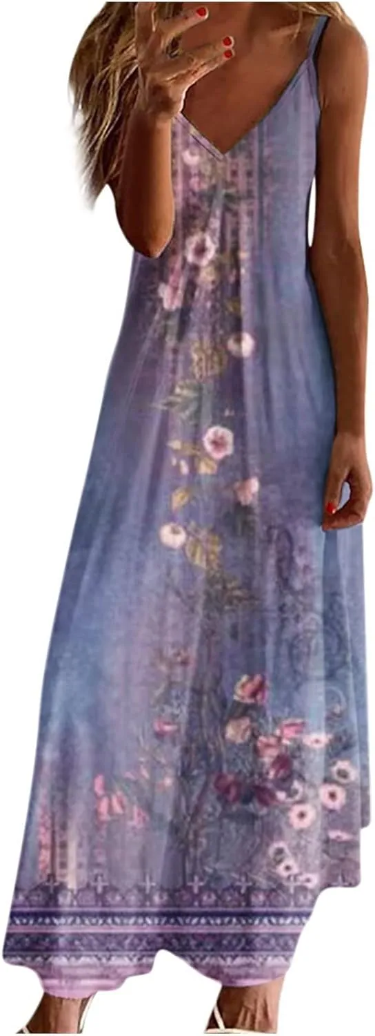 Lighting Deals Women's Summer Spaghetti Strap Elegant Long Dresses Plus Size Vacation Flowy Beach Dress Loose Floor Length Dress Dresses for Women 2024 Casual Blue 3X