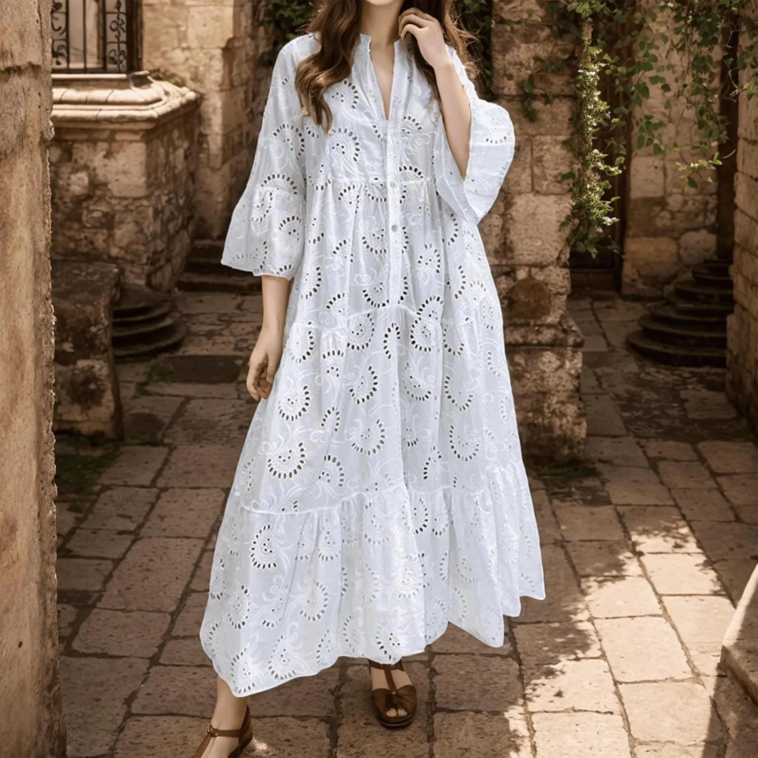 LIKGTVRO Eyelet Dress Boho V-Neck Hollow Lace Embroidery Dresses Bohemian Bell Sleeve Frilly Casual Maxi Skirt