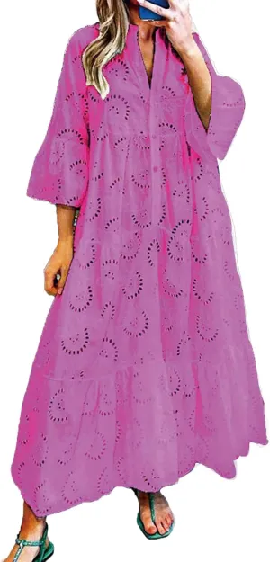 LIKGTVRO Eyelet Dress Boho V-Neck Hollow Lace Embroidery Dresses Bohemian Bell Sleeve Frilly Casual Maxi Skirt