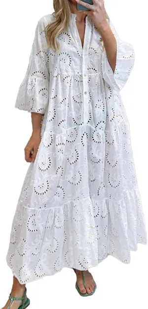 LIKGTVRO Eyelet Dress Boho V-Neck Hollow Lace Embroidery Dresses Bohemian Bell Sleeve Frilly Casual Maxi Skirt
