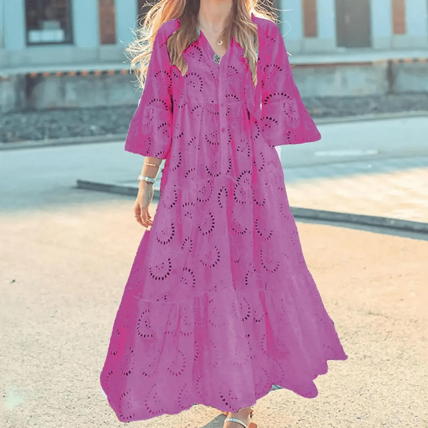 LIKGTVRO Eyelet Dress Boho V-Neck Hollow Lace Embroidery Dresses Bohemian Bell Sleeve Frilly Casual Maxi Skirt