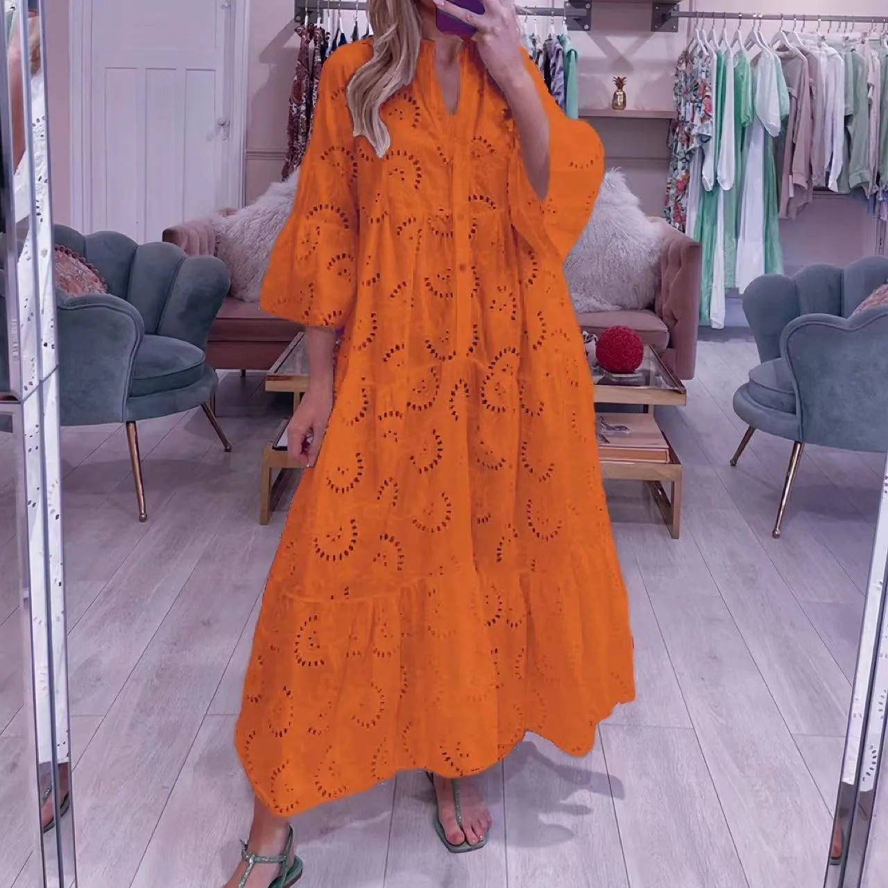 LIKGTVRO Eyelet Dress Boho V-Neck Hollow Lace Embroidery Dresses Bohemian Bell Sleeve Frilly Casual Maxi Skirt