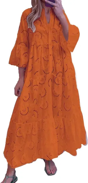 LIKGTVRO Eyelet Dress Boho V-Neck Hollow Lace Embroidery Dresses Bohemian Bell Sleeve Frilly Casual Maxi Skirt